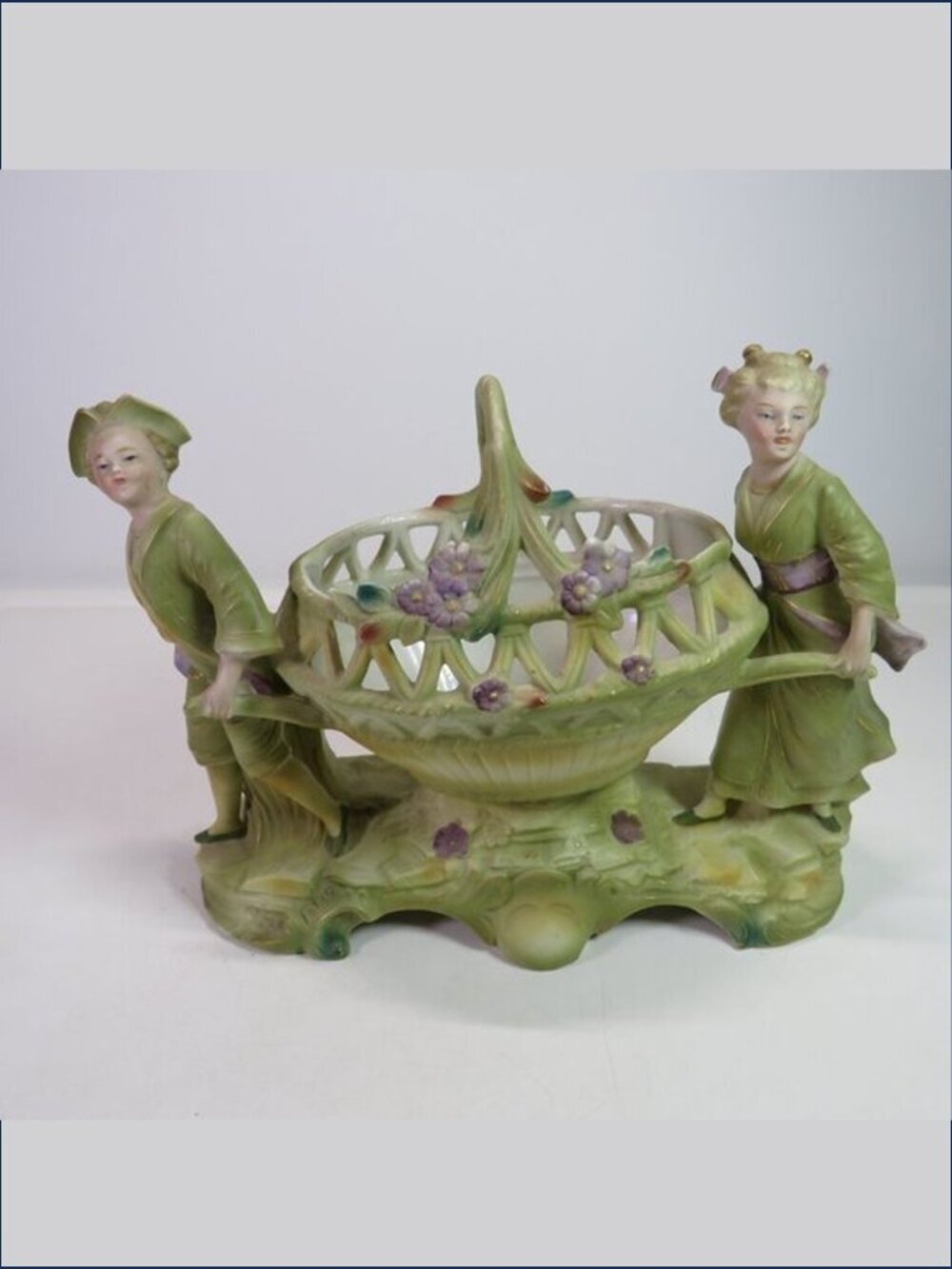 Rare 1920s Japanese Bisque Porcelain Two Figures Carrying Flower Basket